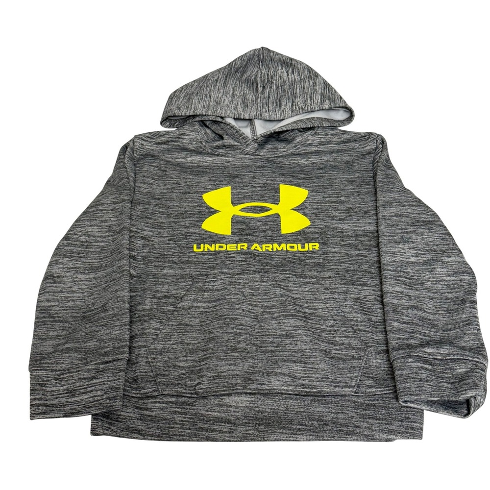 Under Armour Boys Gray Space Dye Pullover Hoodie Neon Yellow Logo Size 5